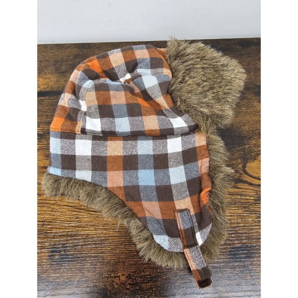 Gymboree Greatest Big Brother Line Orange Plaid Trapper Faux Fur Hat Size 4T-5T - Picture 3 of 6